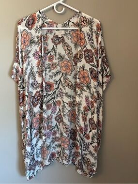 LOFT White Floral Open-Front Tunic with Peach & Pink Flowers